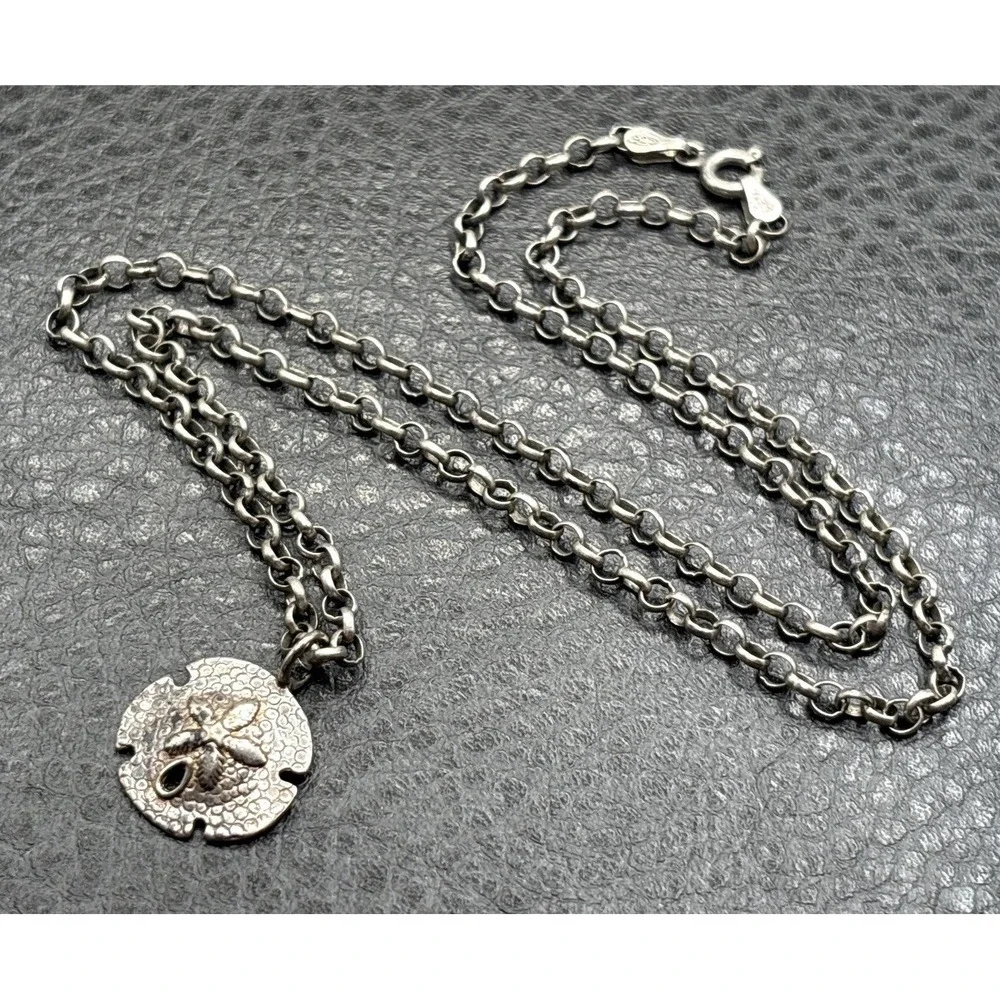 Vintage Sterling Silver Sand Dollar Pendant Rolo Chain Necklace Beach Sea Boho